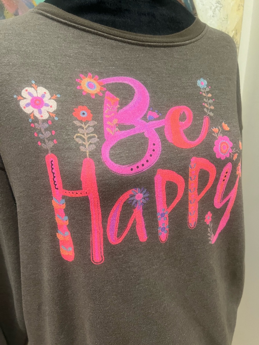 Natural Life Be Happy Graphic Sweatshirt XS Brown Pink Floral Boho Pullover - Picture 7 of 8